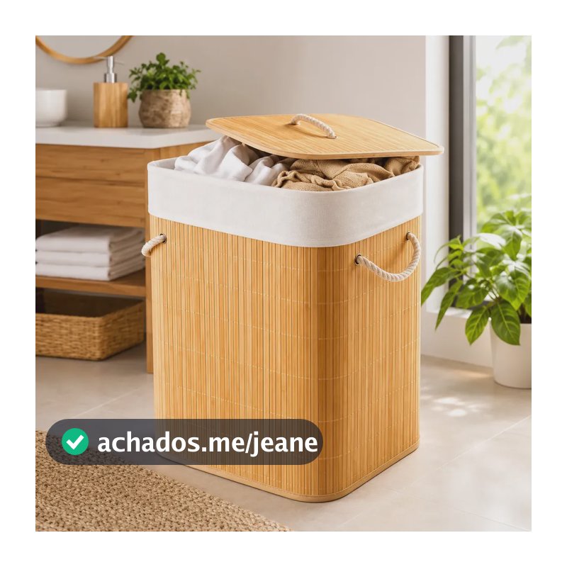 Cesto para Roupa Suja Dobrável de Bambu 72L com Tampa e Forro Removível
