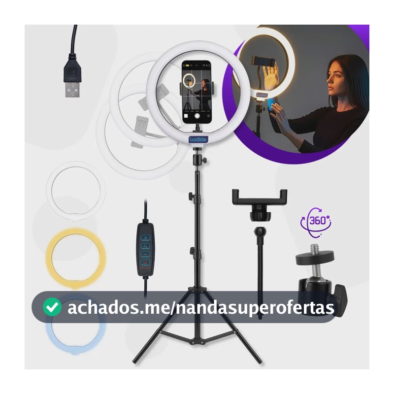 Ring Light 10 Polegadas Com Tripé 2,10m Profissional Video Maker Suporte Celular E Led 3 Cores Iluminação Maquiagem E Gravações Luxside