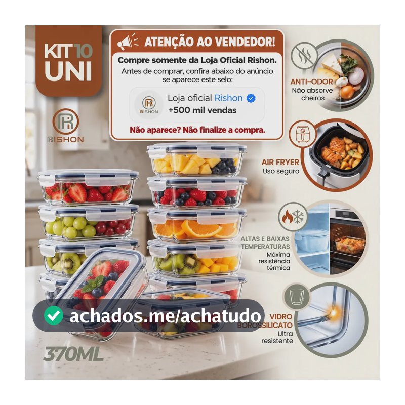 Kit 10 Pote De Vidro Marmita Hermético 370ml Freezer Fitness Rishon