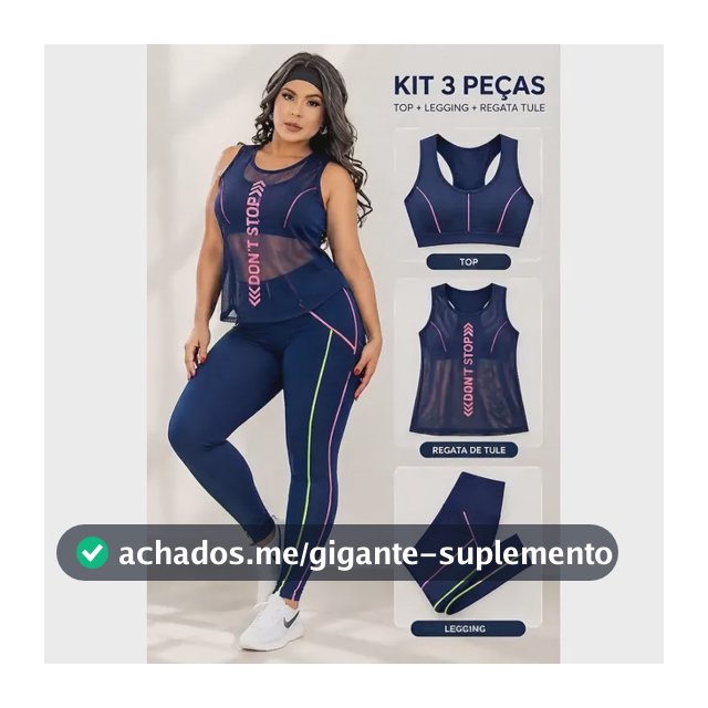 Conjunto Fitness Feminino 3 Peças Legging Top Tule Azul Neon Nadador M