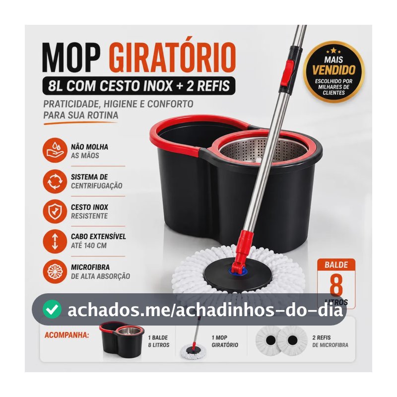 Mop Giratório 360° Esfregão com Balde Centrífuga 8L Cesto Inox Cabo Longo com 2 Refis de Microfibra