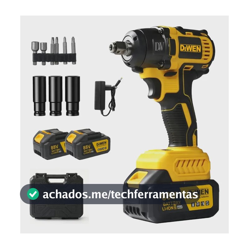 Chave de Impacto DeWEN DW-115 1/2" Brushless 450 Nm com 2 Baterias 88V e Acessórios
