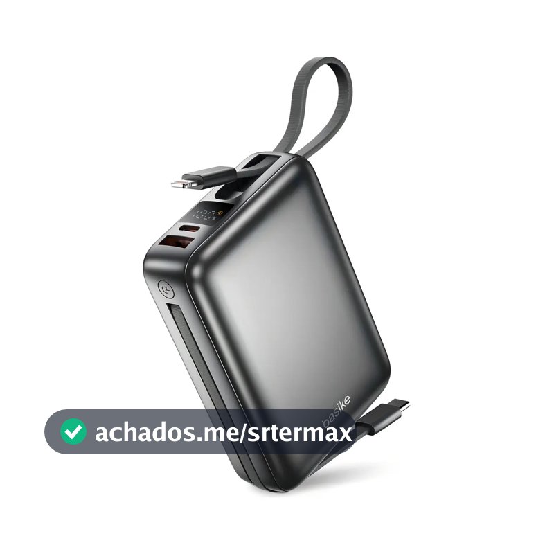 Carregador Portátil Power Bank Basike 20000mAh 22.5W Rápido Cabos Embutidos Tipo C iPhone Samsung