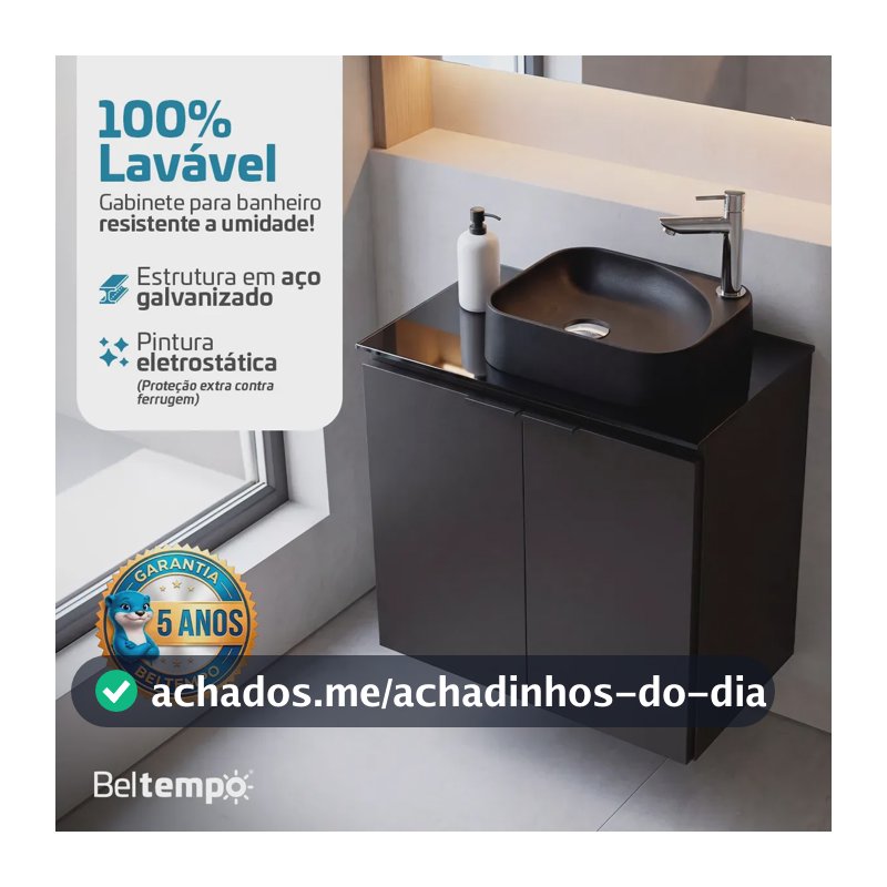 Gabinete Banheiro Aço Galvanizado Suspenso Com Cuba de Apoio Preto 62x36 Hera Beltempo