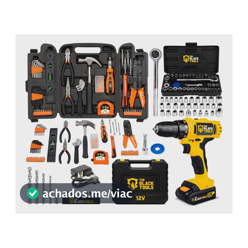 Kit Parafusadeira/Furadeira A Bateria 12V 3/8 Polegadas 10Mm + Jogo De Ferramentas 169 Peças Com Maleta The Black Tools