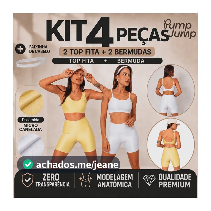 Kit Fitness Feminino 4 Peças 2 Top Fita + 2 Bermuda Academia Amarelo Bebê/branco M - 40