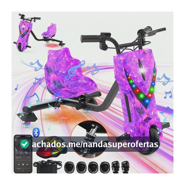 Patinete Elétrico Triciclo Drift Infantil 350W 36V Bluetooth LED 3 Velocidades Motor Brushless Luzes RGB Freio Manual Capacete Kit Proteção Bateria Lítio Ajustável Até 100kg Roxo Galáxia