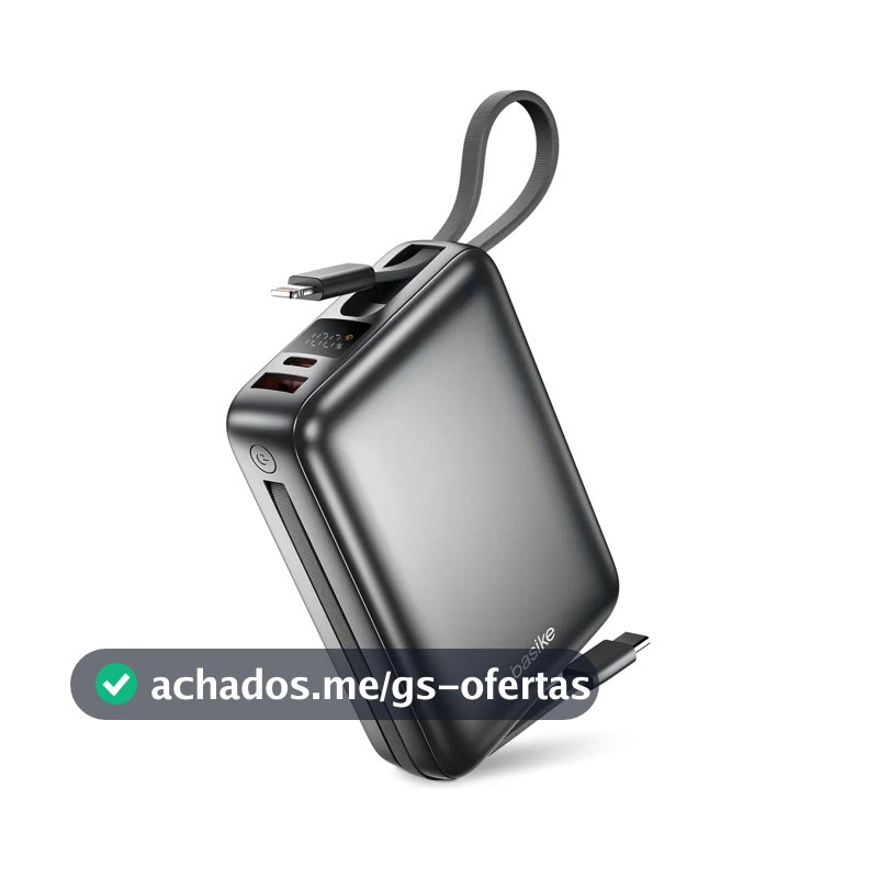 Carregador Portátil Power Bank Basike 20000mAh 22.5W Rápido Cabos Embutidos Tipo C iPhone Samsung
