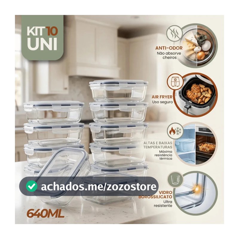 Kit 10 Potes Vidro Hermetico Vai Ao Forno Microondas 640ml Marmita Hermético Freezer Fitness Rishon