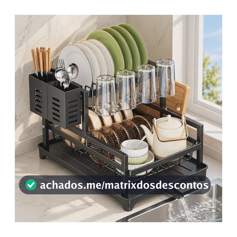 Escorredor De Louças Rack Aço Carbono Para Bancada Com Bandeja Porta-talheres E Bico De Escoamento