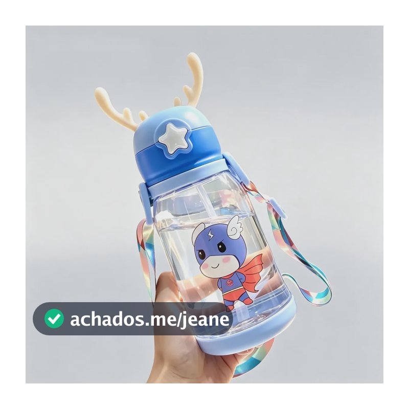 Copo Infantil Com Canudo 600ml Garrafa Água Criança Azul