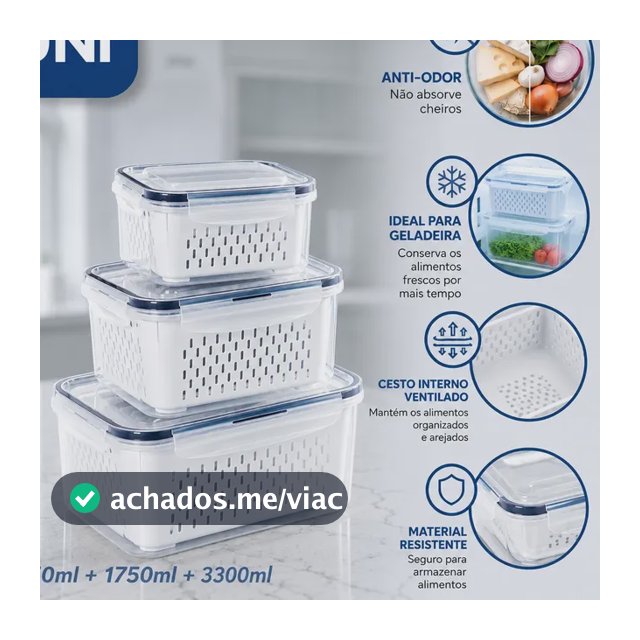 Kit 3 Recipientes Vedação Hermética Empilháveis Conservar Branco