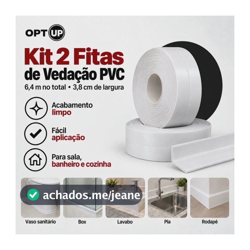 Kit 2 Fitas de Vedação PVC Antifungo OPTUP para Cozinha e Banheiro Branca 3,8 cm