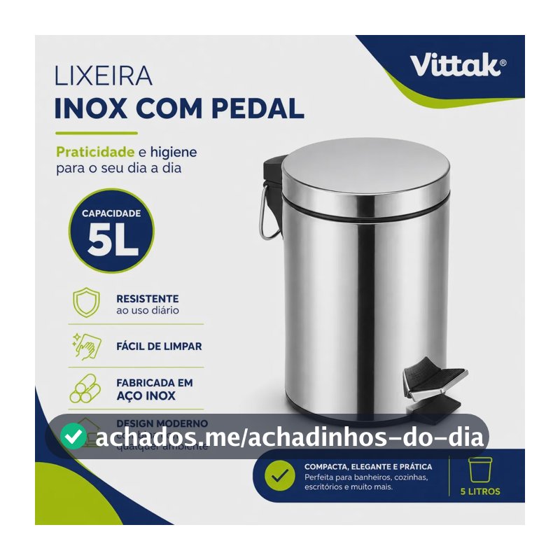 Vittak Lixeira 5 Litros De Aço Inox Redonda Cesto Balde Banheiro Casa Lixo Cor Cinza