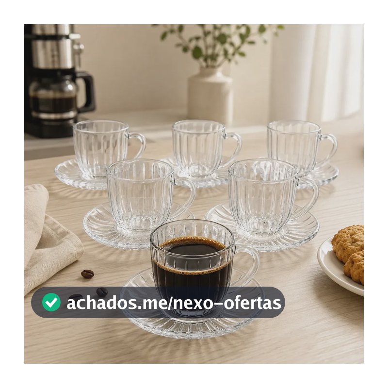 Jogo 6 Xícaras De Vidro Canelado Com Pires Cha e Café Espresso 100ml 12 peças