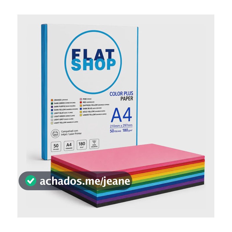Papel Color Plus Marca Flatshop Folha A4 180g Colorida 50 Und Várias Cores Alta Qualidade Massa Colorida