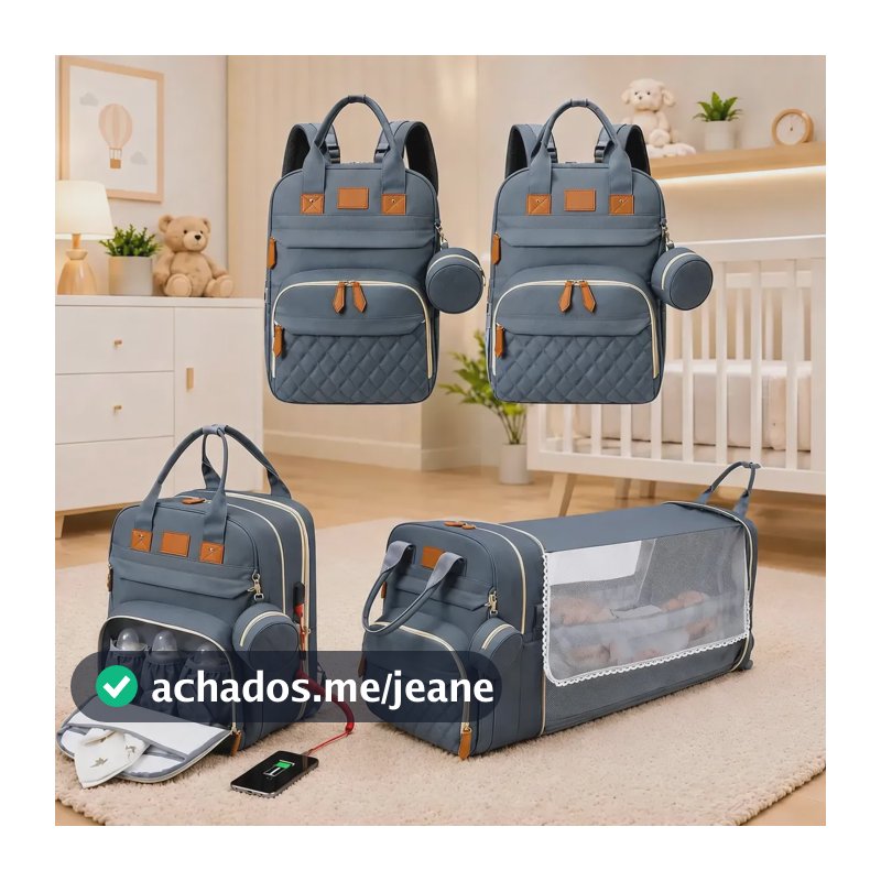 Bolsa Maternidade Bebe Berço Trocador Mochila E Mosquiteiro Azul-aço Losango