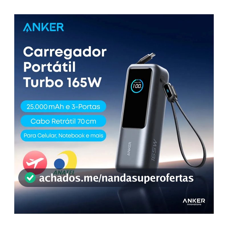 Carregador Portátil Power Bank Anker 25000mAh 165W Cor Preto Carga Turbo Rápida com 4 Portas e 2 Cabos USB-C Integrados, Tela Digital Compatível com Notebook, MacBook, iPhone, Samsung e AirPods