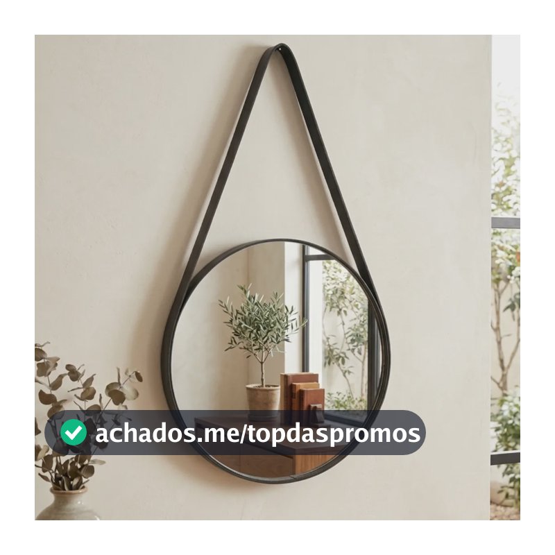 Espelho Adnet Redondo 35x35cm Moldura Couro Preto