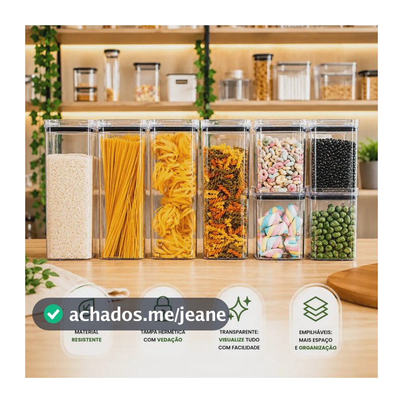 Kit 8 Potes Herméticos Mantimentos Quadrado Cozinha Tampa Vedação Hermética Amobox