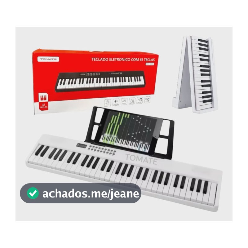 Teclado Musical 61 Teclas Portátil Dobrável Com Microfone Branco