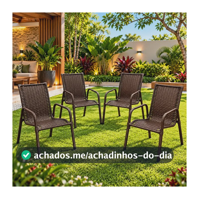 Kit 4 Cadeiras Jardim Empilháveis Fibra Sintética Amêndoa Mesa Aço