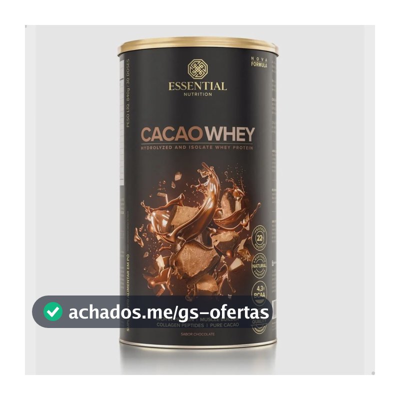 Cacao Whey Hidrolisado e Isolado Sabor Chocolate da Essential Nutrition 840g Com 30 Doses