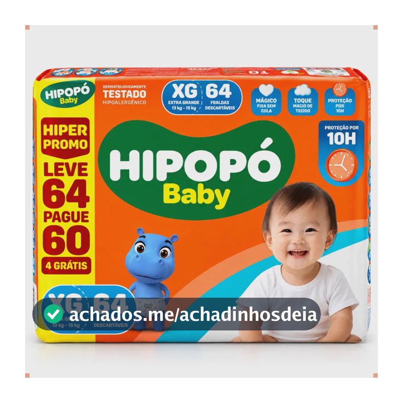 Fralda Descartável Hipopó Baby Hiper Promo XG, Com 64 Unidades Para 12 a 15 kg