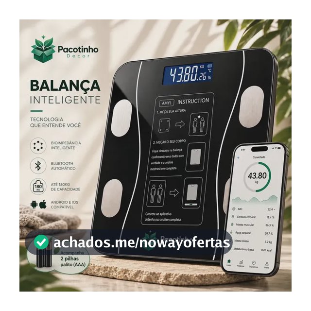 Balança Digital Smart Bioimpedância 180kg Bluetooth IMC Corporal App Android iOS Pacotinho Decor
