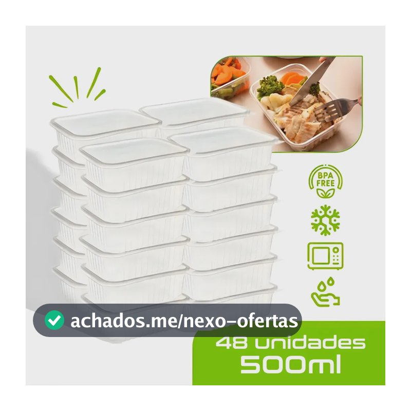 48 Marmitas 500ml Comida Fitness Pote Descartável Retangular Plástico Freezer Microondas Com Tampas - Mtones