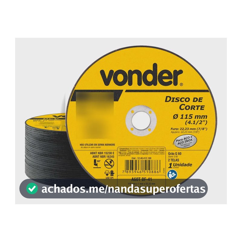 Kit 50 Disco De Corte 115mm X 1,0mm X 22,23mm Grão 60 Vonder Amarelo