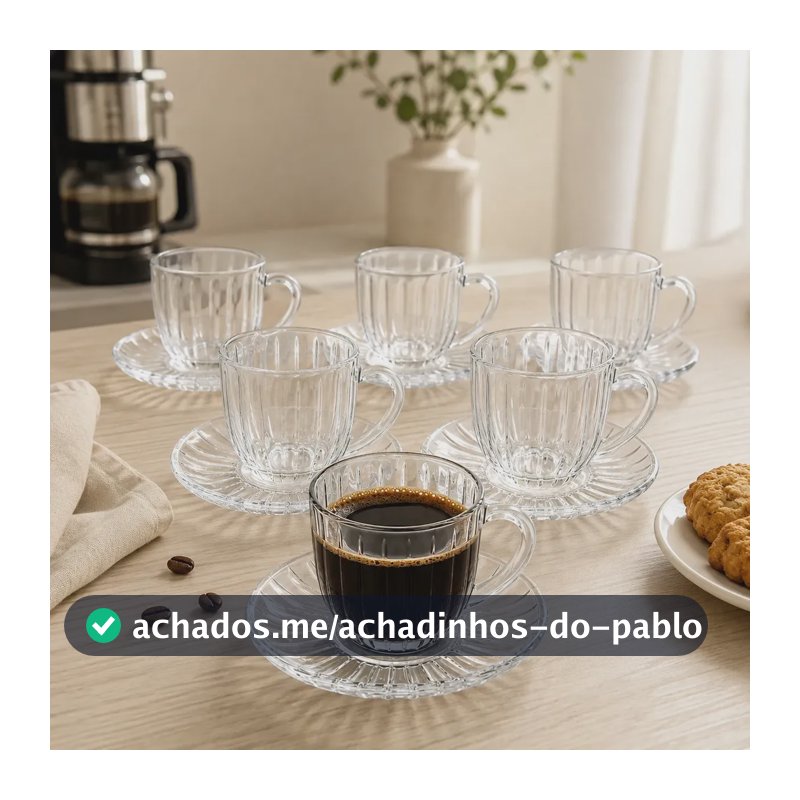 Jogo 6 Xícaras De Vidro Canelado Com Pires Cha e Café Espresso 100ml 12 peças