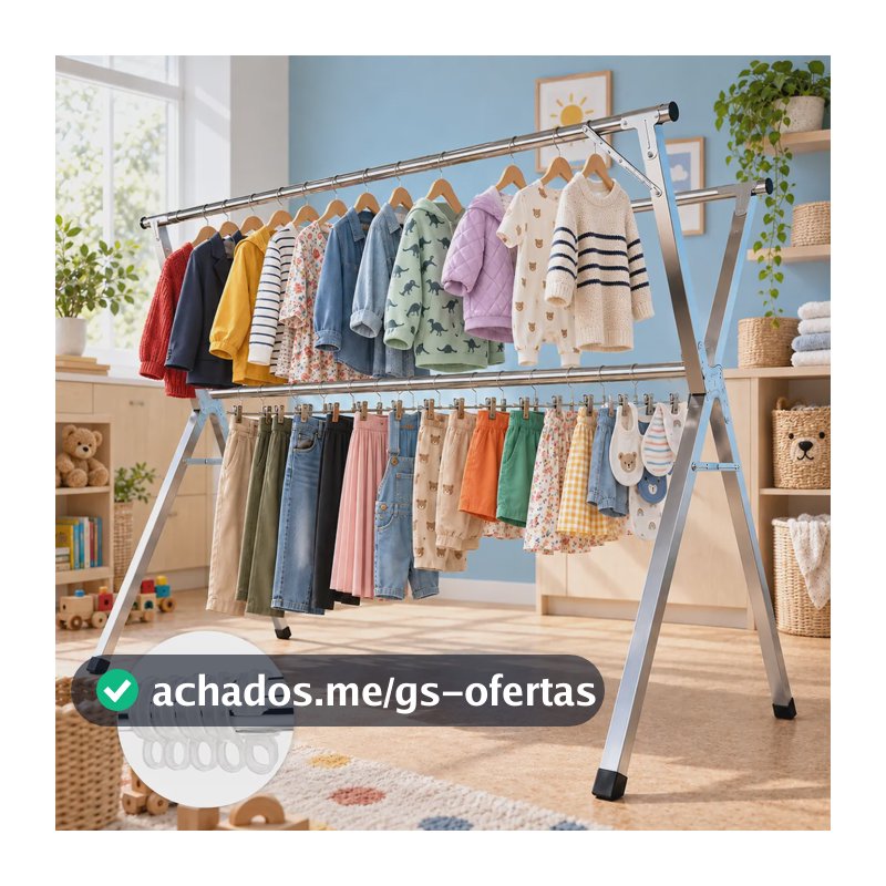 Varal De Chão Roupas Dobrável Grande Aço Inoxidável Hikuca Prateado