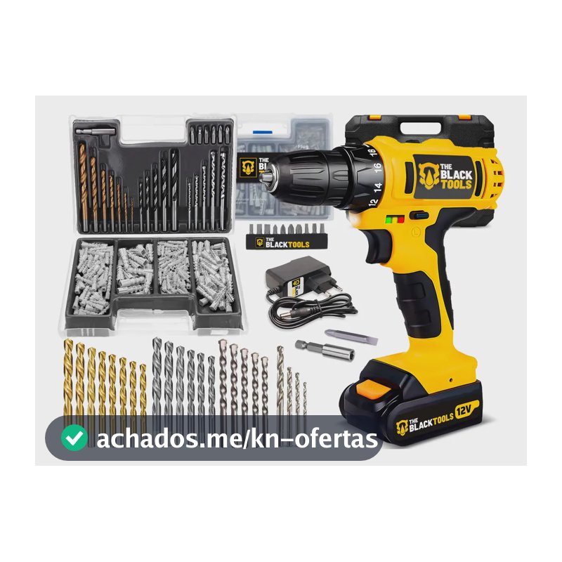 Parafusadeira Furadeira A Bateria 3/8” 10mm 1350rpm Bivolt The Black Tools + Jogo De Brocas Bits E Buchas 300 Peças