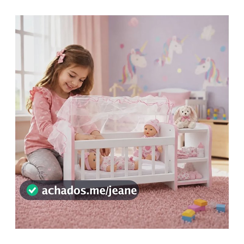 Brinquedo Berço Boneca Infantil Ideal P/ Reborn Véu Colchão Rosa Bebê