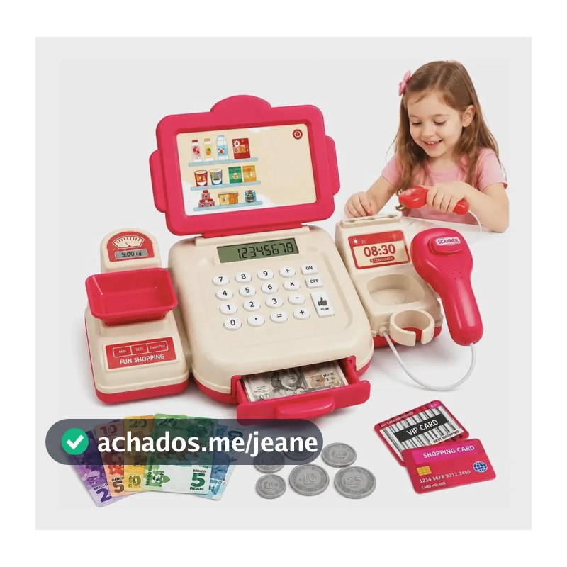 Caixa Registradora Infantil Som Luz Calculadora Acessórios Rosa