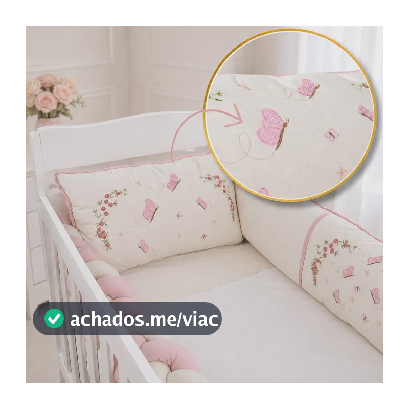 Kit Berço Le Petit Flores Bordadas 200 Fios Algodão Flores Bordadas Palha E Rosa