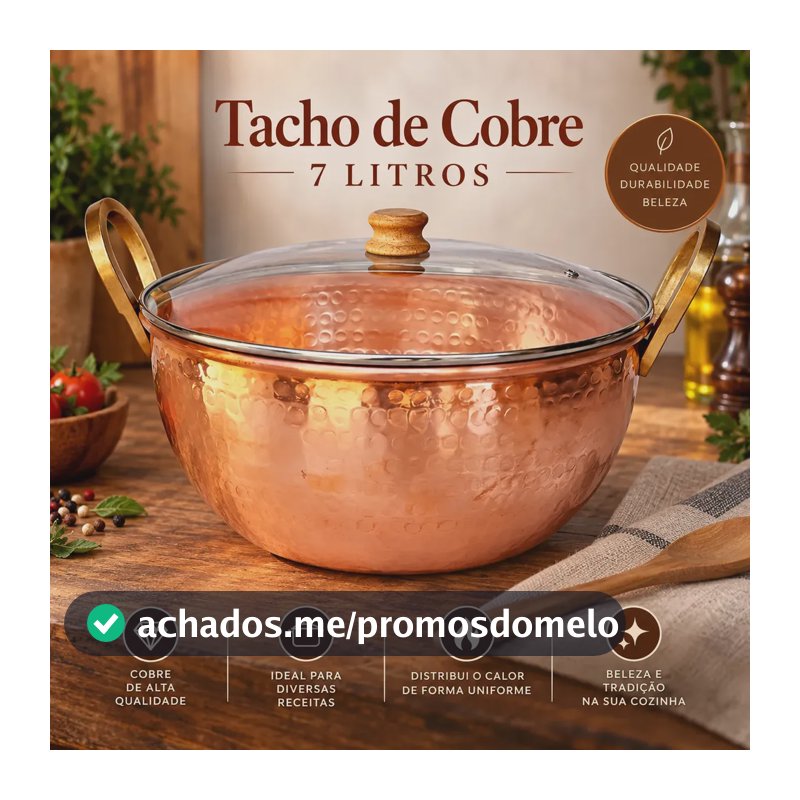 Tacho De Cobre 7 Litros Com Alças De Bronze E Tampa De Vidro