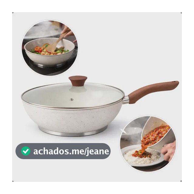 Frigideira Antiaderente Wok Em Cerâmica Grande Com Tampa Em Vidro Para Fogão De Indução E Gás 28cm 4,3 Litros Granito Bege