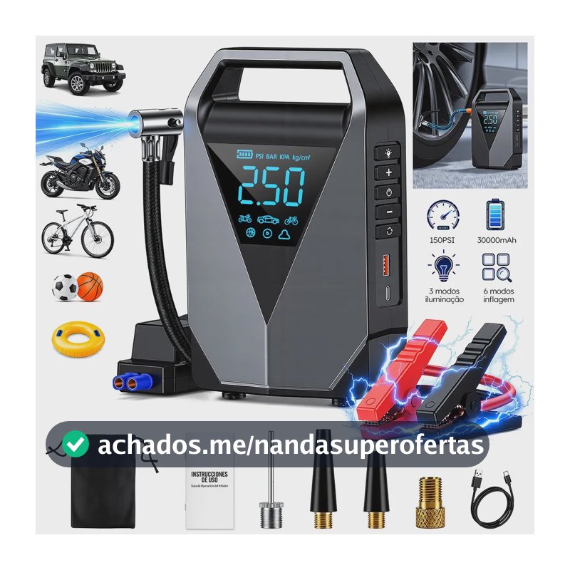 aweshine Compressor de Ar Portátil 150PSI Automotivo com Auxiliar Partida Portátil,6 Modos Inflagem, Power Bank, Tela Digital Grande, Lanterna Emergência 3 Modos Compatível Carro Moto Caminhão