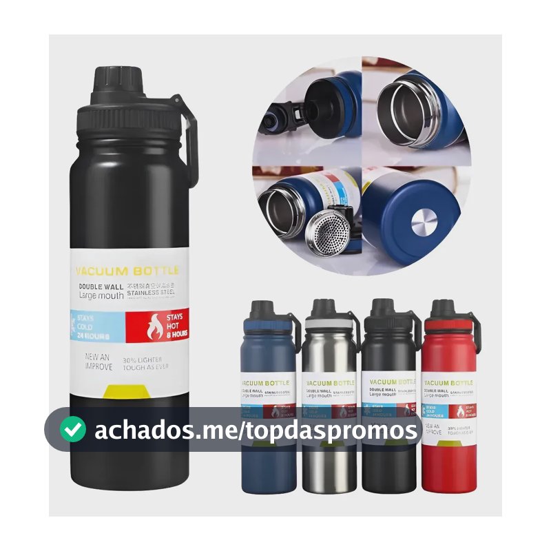 Garrafa Térmica 800ml Água Inox Academia Quente E Frio Preto
