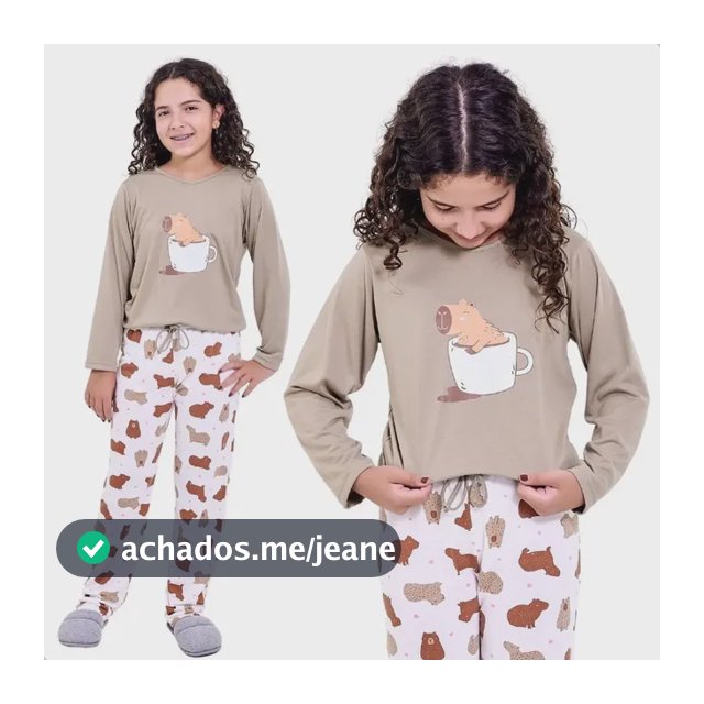 Pijama Capivara Infantil Feminino Inverno Manga Longa Calça