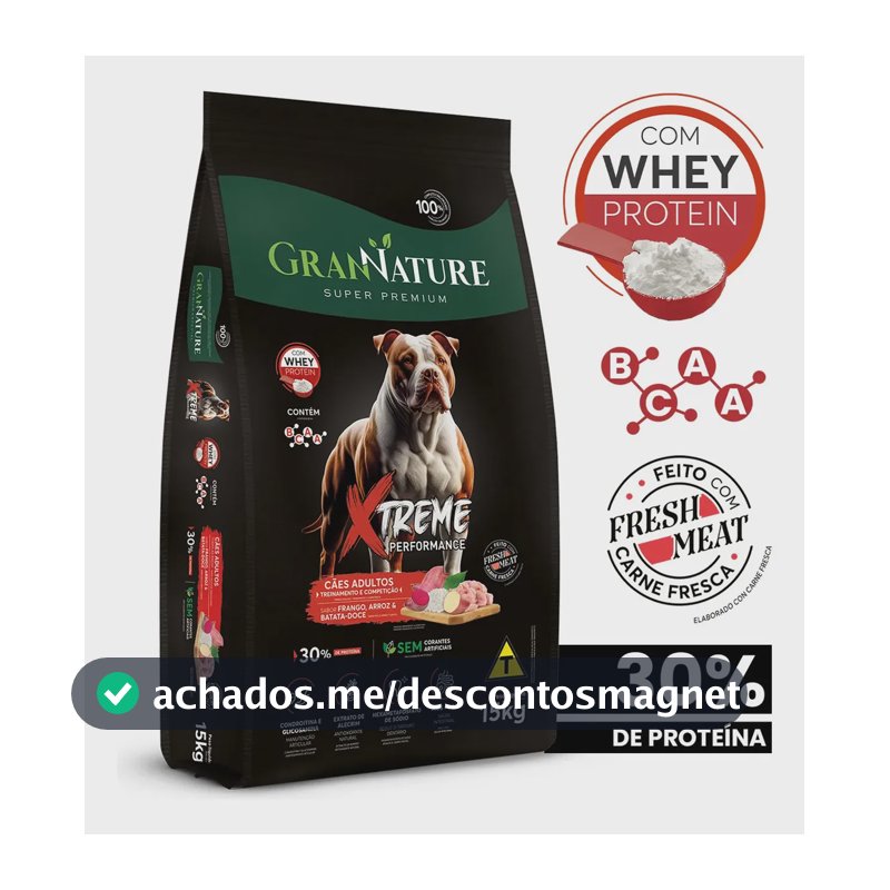 Ração Whey Protein Grannature Xtreme Alta Performance 30% Proteína para Cães Adultos raças Médio E Grande Porte - Alimento Seco Sabor Frango Super Premium Com Bcaa Sem Corantes Saúde Articular 15kg