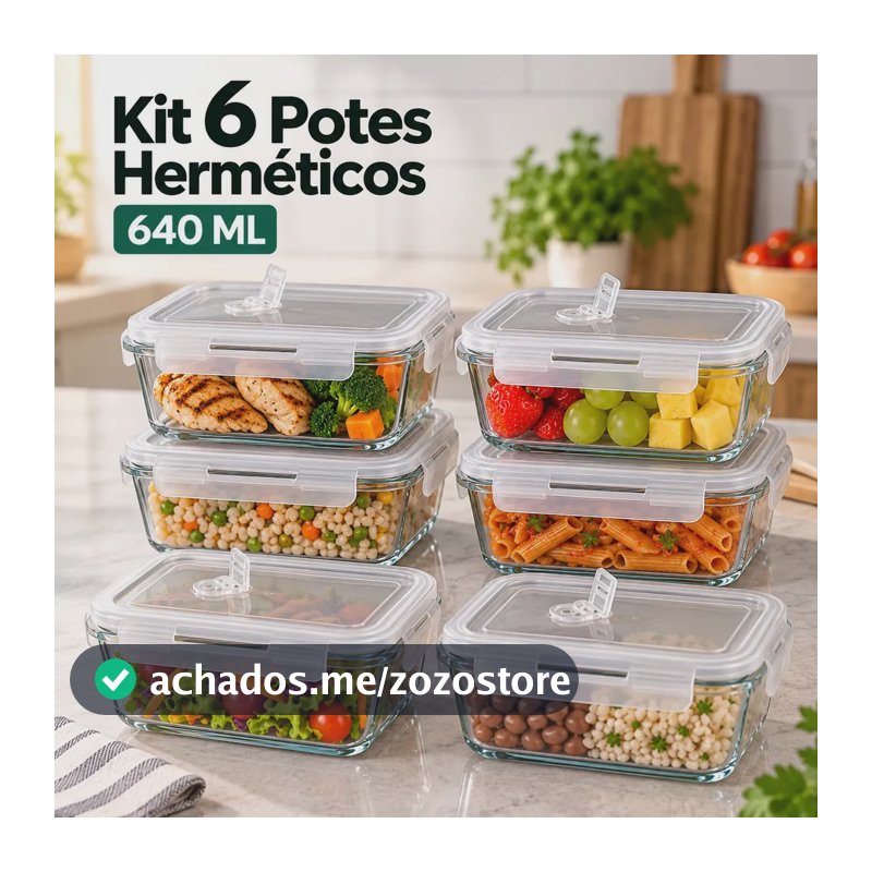 Kit 6 Potes de Vidro Herméticos Borossilicato Com Tampa e Válvula De Respiração 640 ML Para Alimentos Marmita Freezer Microondas Forno Cozinha Organização Livre De BPA Com 4 Travas Super Vedação