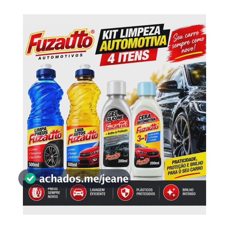 Kit Automotivo Fuzautto 4 Itens Cera Silicone Pretinho