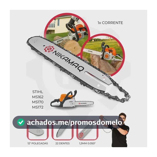 Kit Sabre Saibro Barra Facão + Corrente 22 Dentes Para Motosserra Stihl Ms162 170 172 180 182 210 212 230 250 E 250 12"Polegadas Nikamaq
