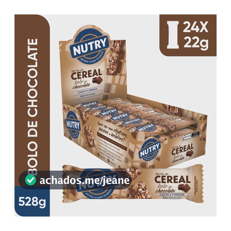 Barra de Cereais Nutry Bolo de Chocolate 22g - Display Com 24 Unidades - Com 3 Cereais e Cacau