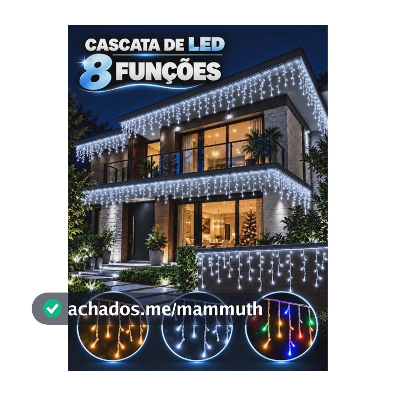 Cascata Pisca Pisca Luz Natal 400 Leds 8 Funções 10 Metros Luzes Decoração Natalina Área Interna e Externa Casa Apartamento Casamento Enfeites Natalino Branco Frio 220 V