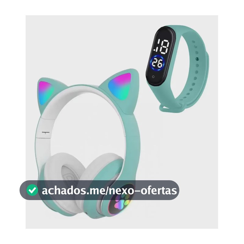 Fone Ouvido Gatinho Bluetooth Adulto Crianças + Relógio Led Fone Gatinho Verde