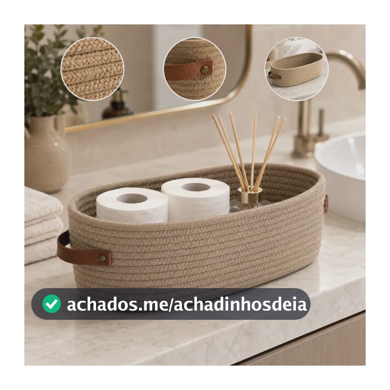 Cesto Organizador Multiuso Em Algodão Trançado Decorativo Premium Com Alças De Couro Para Brinquedos E Roupas